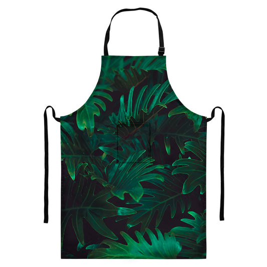 Tropical Fern Leaf Print Bib Apron With Pocket