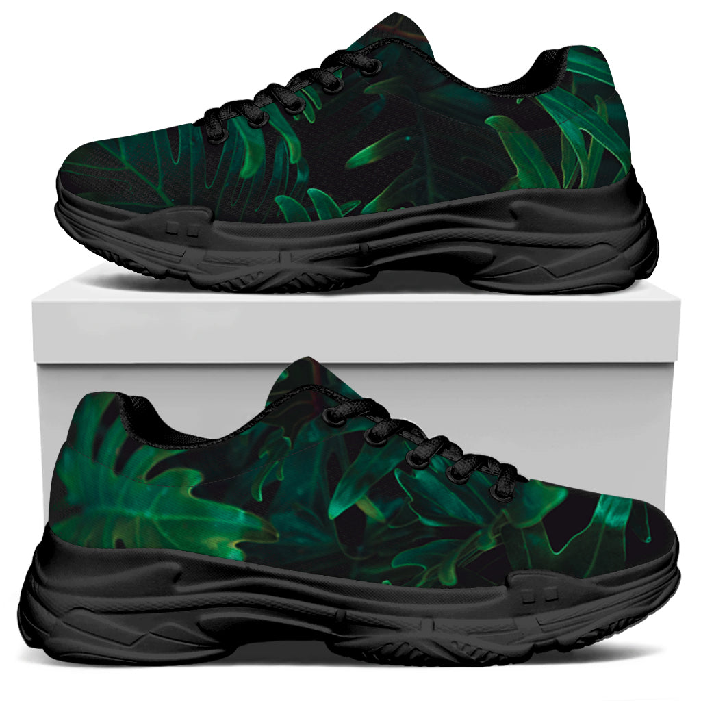 Tropical Fern Leaf Print Black Chunky Shoes
