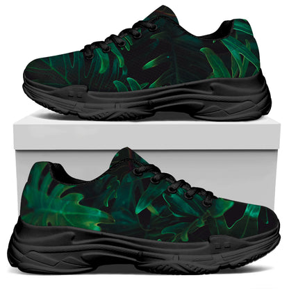 Tropical Fern Leaf Print Black Chunky Shoes