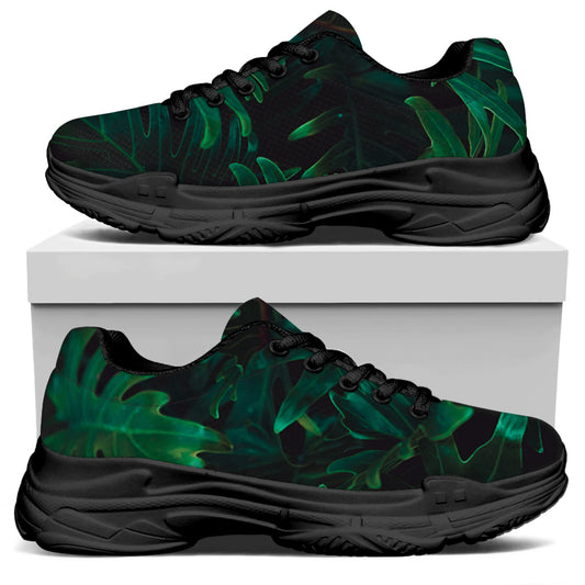 Tropical Fern Leaf Print Black Chunky Shoes