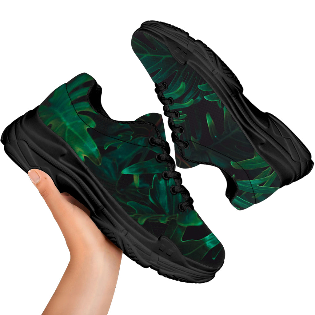 Tropical Fern Leaf Print Black Chunky Shoes