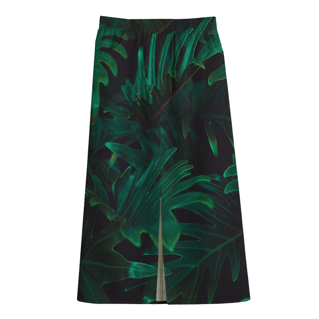 Tropical Fern Leaf Print Cotton Front Slit Maxi Skirt