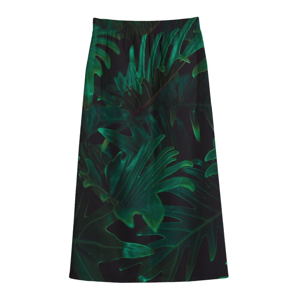 Tropical Fern Leaf Print Cotton Front Slit Maxi Skirt