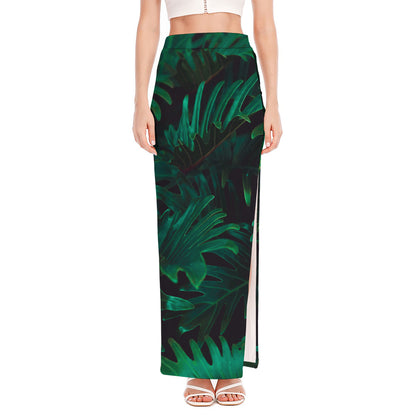 Tropical Fern Leaf Print High Slit Maxi Skirt