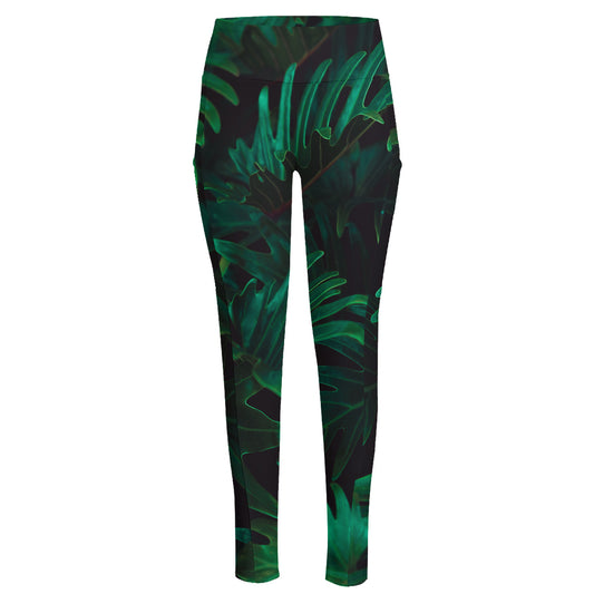 Tropical Fern Leaf Print High-Waisted Pocket Leggings