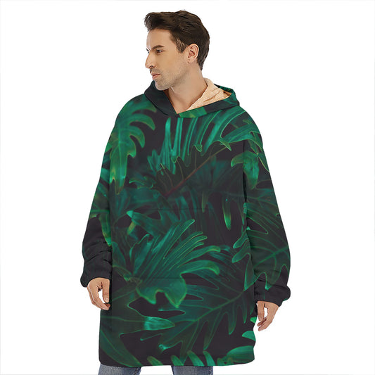 Tropical Fern Leaf Print Hoodie Blanket