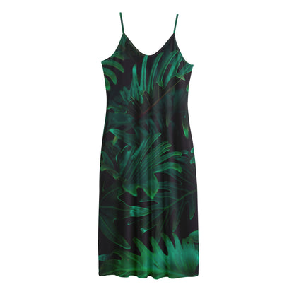 Tropical Fern Leaf Print Jersey Midi Cami Dress