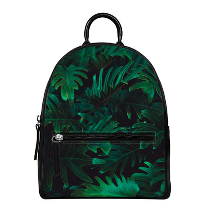 Tropical Fern Leaf Print Leather Backpack