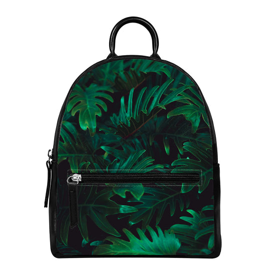 Tropical Fern Leaf Print Leather Backpack