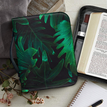 Tropical Fern Leaf Print Leather Bible Cover