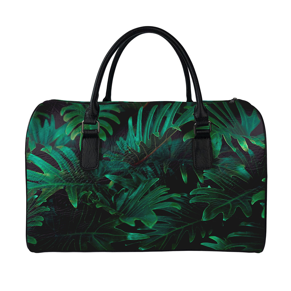 Tropical Fern Leaf Print Leather Duffle Bag