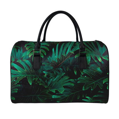 Tropical Fern Leaf Print Leather Duffle Bag