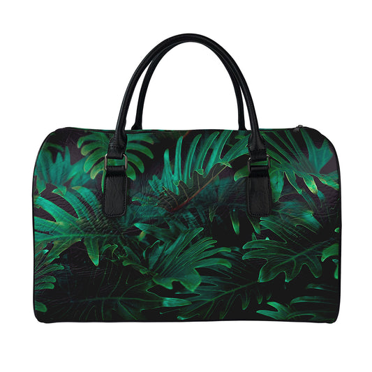 Tropical Fern Leaf Print Leather Duffle Bag