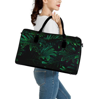 Tropical Fern Leaf Print Leather Duffle Bag