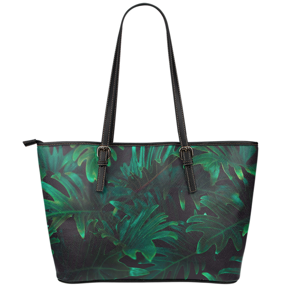 Tropical Fern Leaf Print Leather Tote Bag