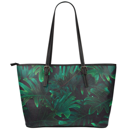 Tropical Fern Leaf Print Leather Tote Bag