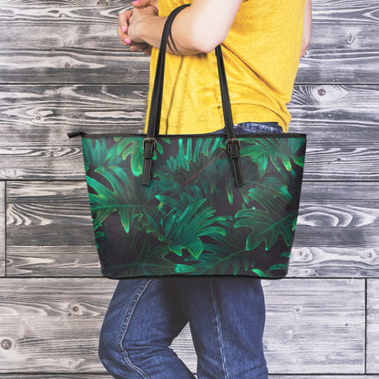Tropical Fern Leaf Print Leather Tote Bag