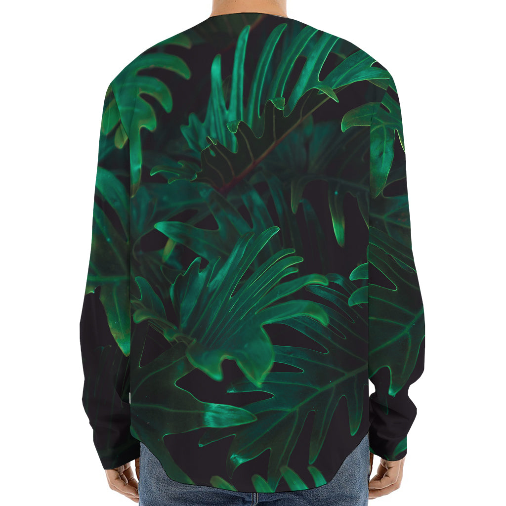 Tropical Fern Leaf Print Long Sleeve Baseball Jersey