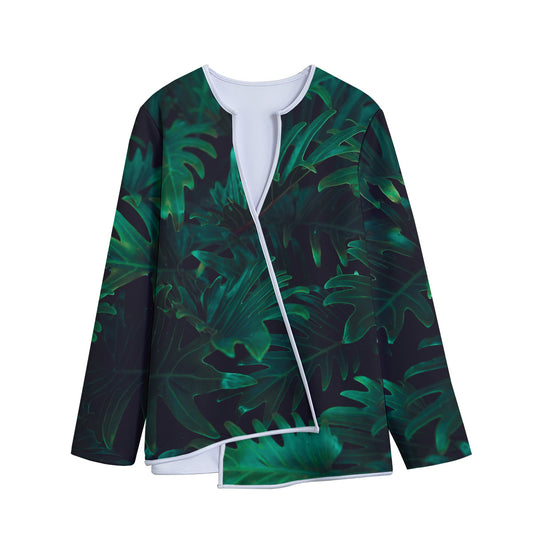Tropical Fern Leaf Print Long Sleeve Short Coat
