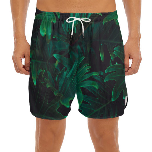 Tropical Fern Leaf Print Men's Split Running Shorts