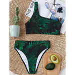 Tropical Fern Leaf Print One Shoulder Bikini Top