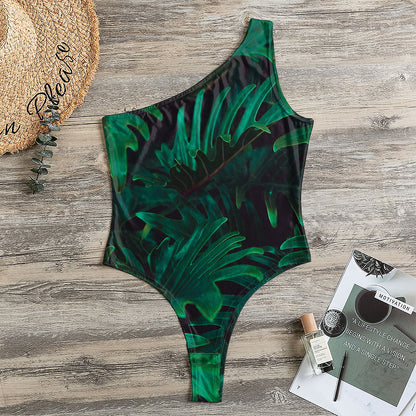 Tropical Fern Leaf Print One Shoulder Bodysuit