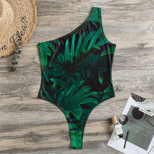 Tropical Fern Leaf Print One Shoulder Bodysuit