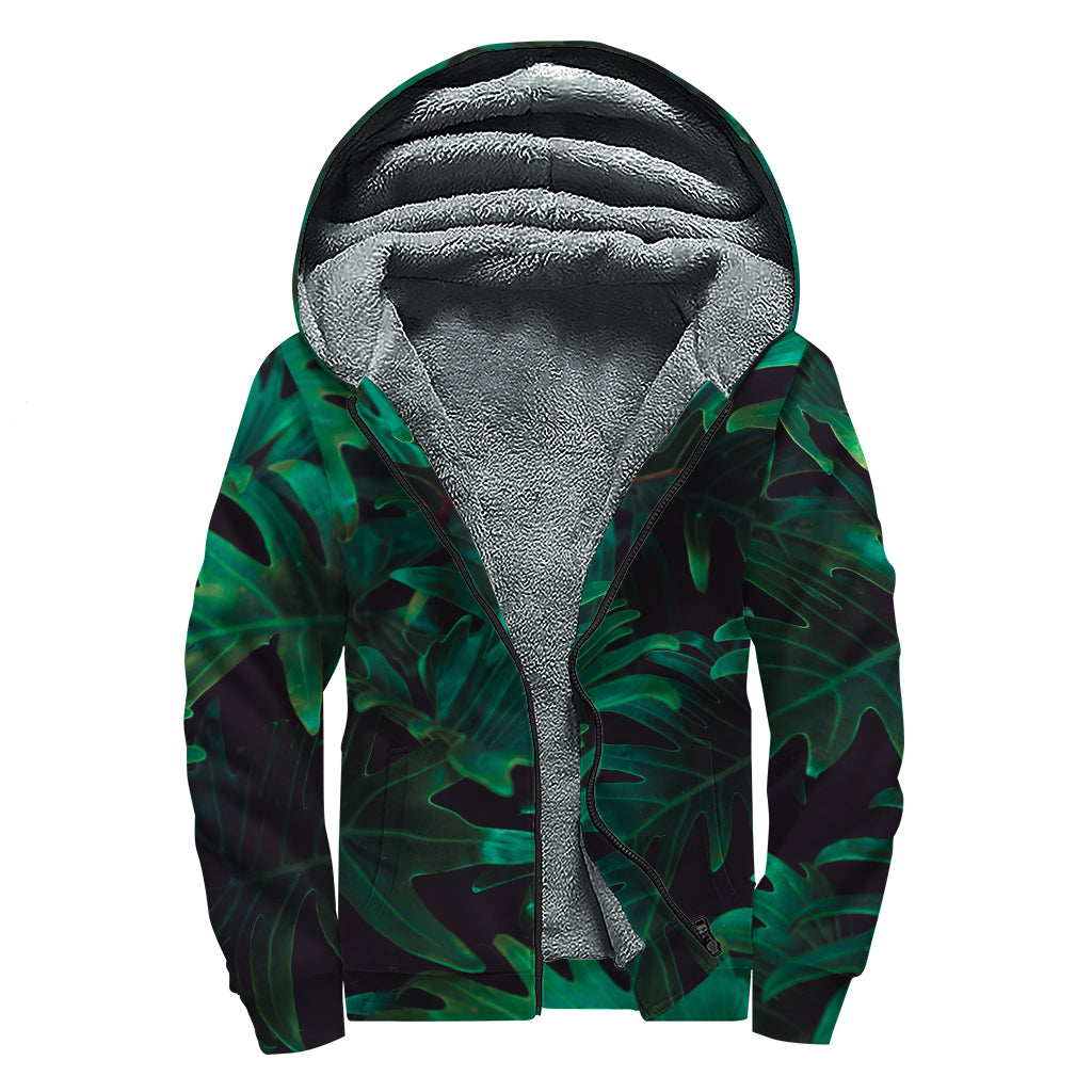 Tropical Fern Leaf Print Sherpa Lined Zip Up Hoodie