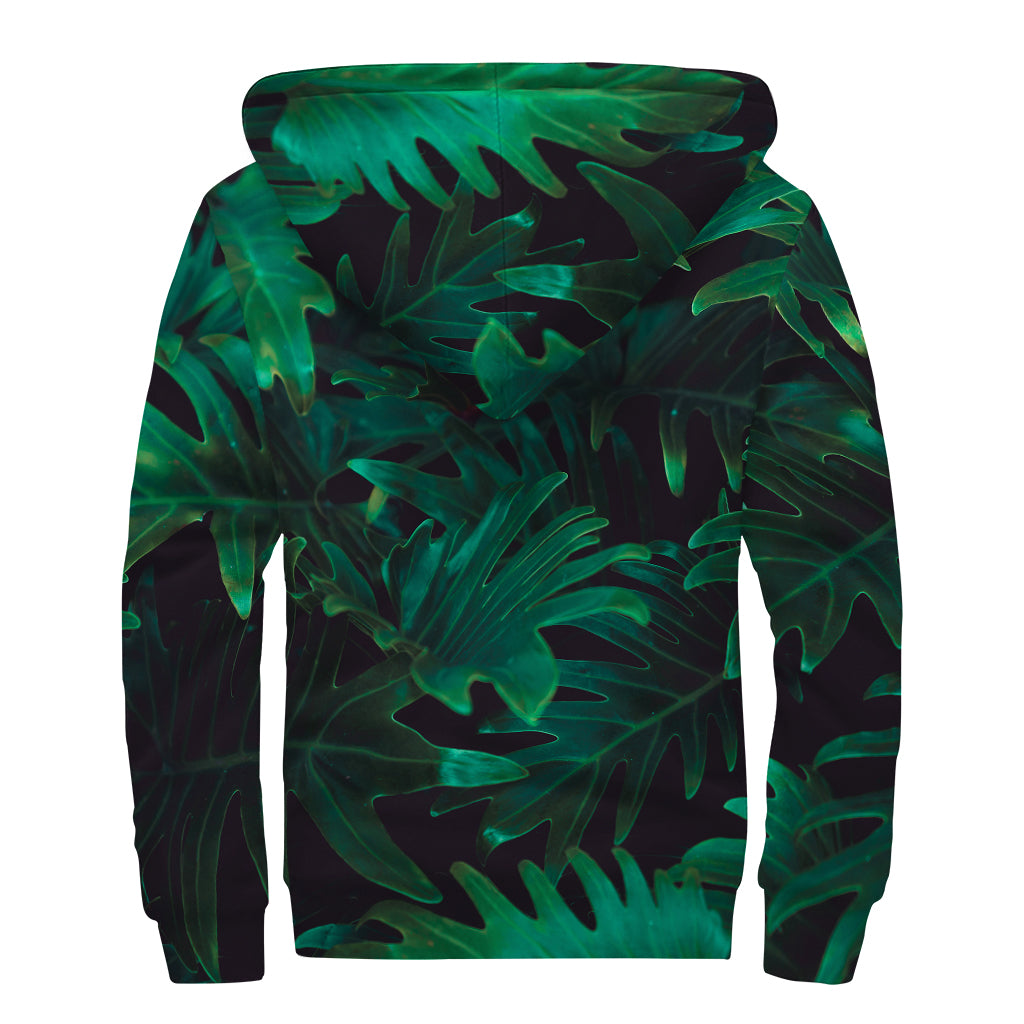 Tropical Fern Leaf Print Sherpa Lined Zip Up Hoodie
