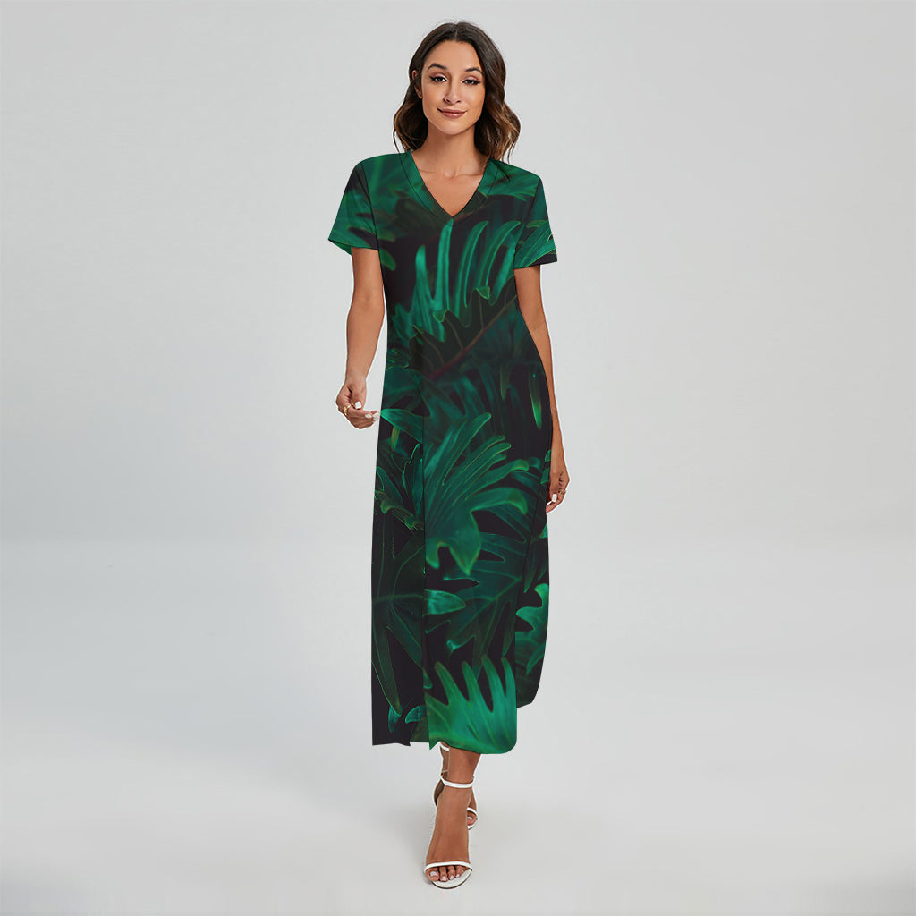 Tropical Fern Leaf Print Short Sleeve Maxi Dress