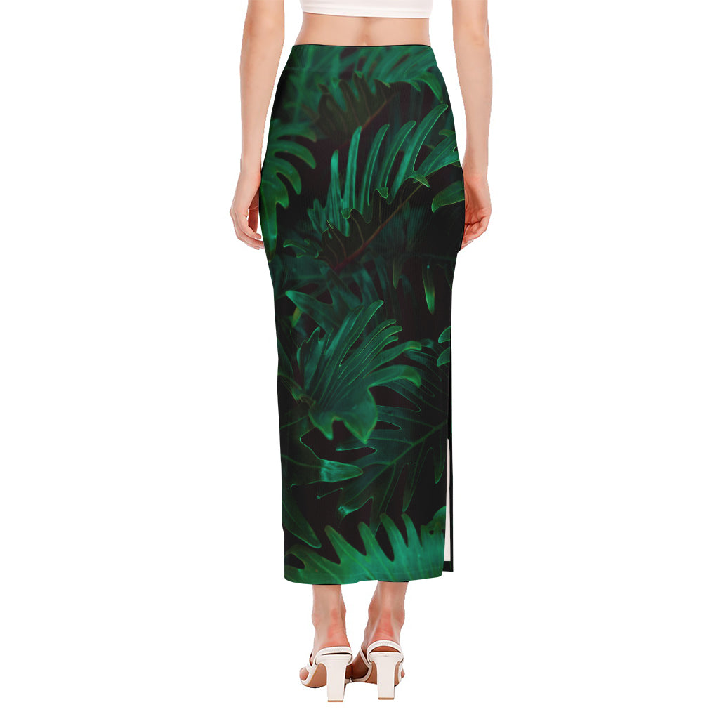 Tropical Fern Leaf Print Side Slit Maxi Skirt