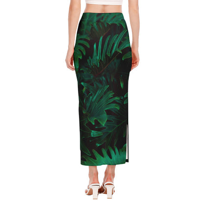 Tropical Fern Leaf Print Side Slit Maxi Skirt