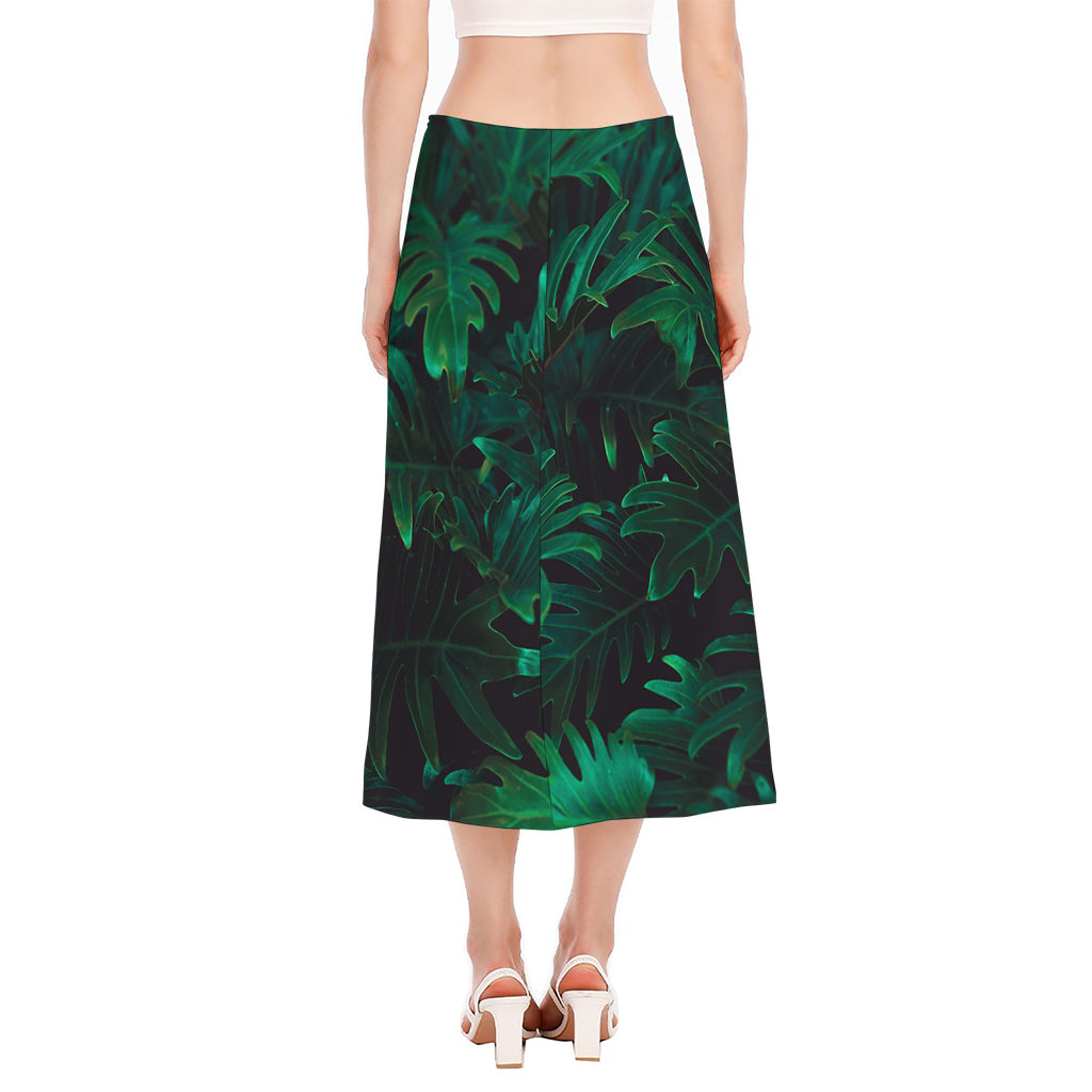 Tropical Fern Leaf Print Side Slit Midi Skirt