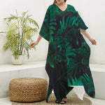 Tropical Fern Leaf Print Silk V-Neck Kaftan Dress