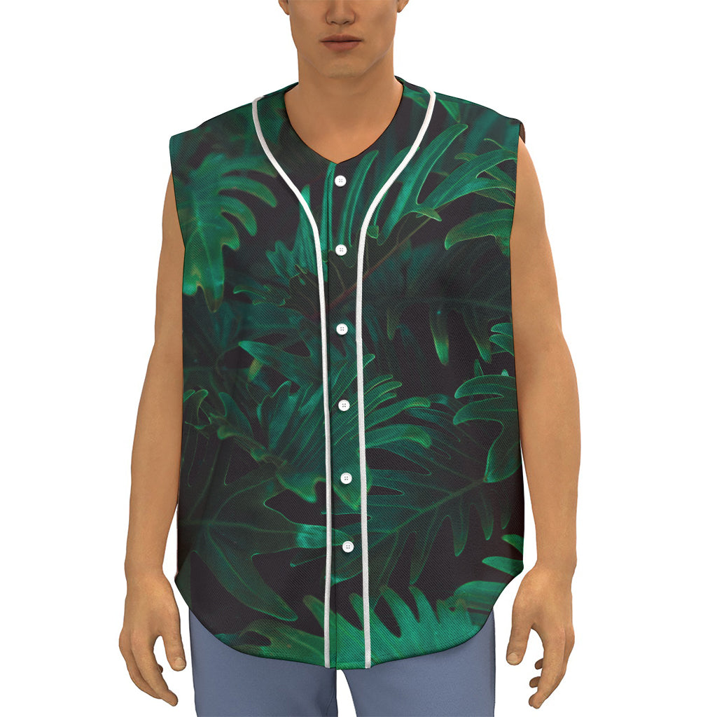 Tropical Fern Leaf Print Sleeveless Baseball Jersey