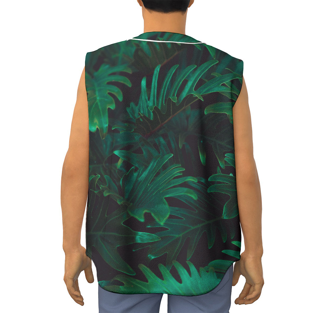 Tropical Fern Leaf Print Sleeveless Baseball Jersey