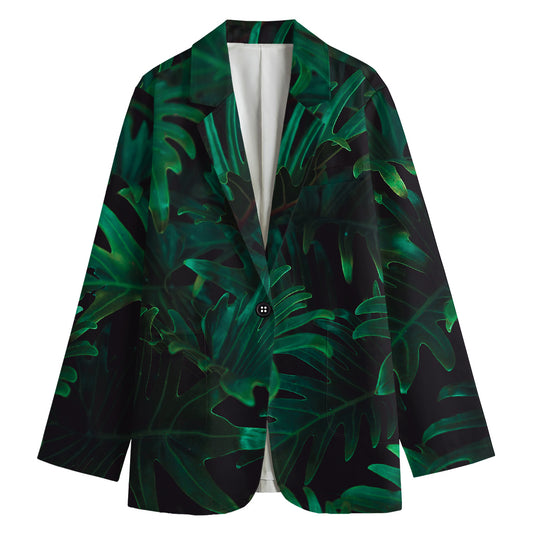 Tropical Fern Leaf Print Women's Cotton Blazer