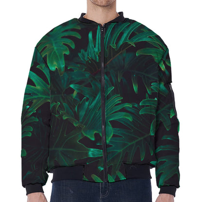 Tropical Fern Leaf Print Zip Sleeve Bomber Jacket