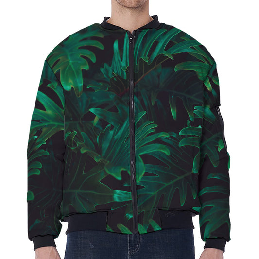 Tropical Fern Leaf Print Zip Sleeve Bomber Jacket