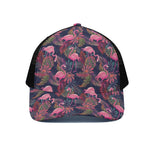 Tropical Flamingo Aloha Pattern Print Black Mesh Trucker Cap