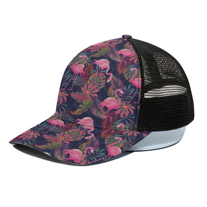 Tropical Flamingo Aloha Pattern Print Black Mesh Trucker Cap