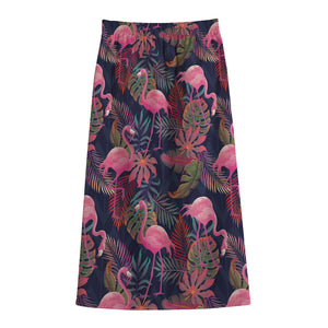 Tropical Flamingo Aloha Pattern Print Cotton Front Slit Maxi Skirt