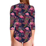 Tropical Flamingo Aloha Pattern Print Long Sleeve Swimsuit