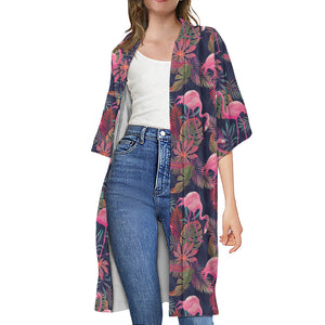 Tropical Flamingo Aloha Pattern Print Open Front Beach Cover Up