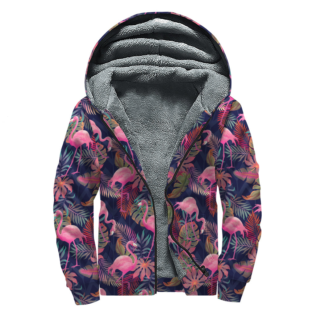 Tropical Flamingo Aloha Pattern Print Sherpa Lined Zip Up Hoodie