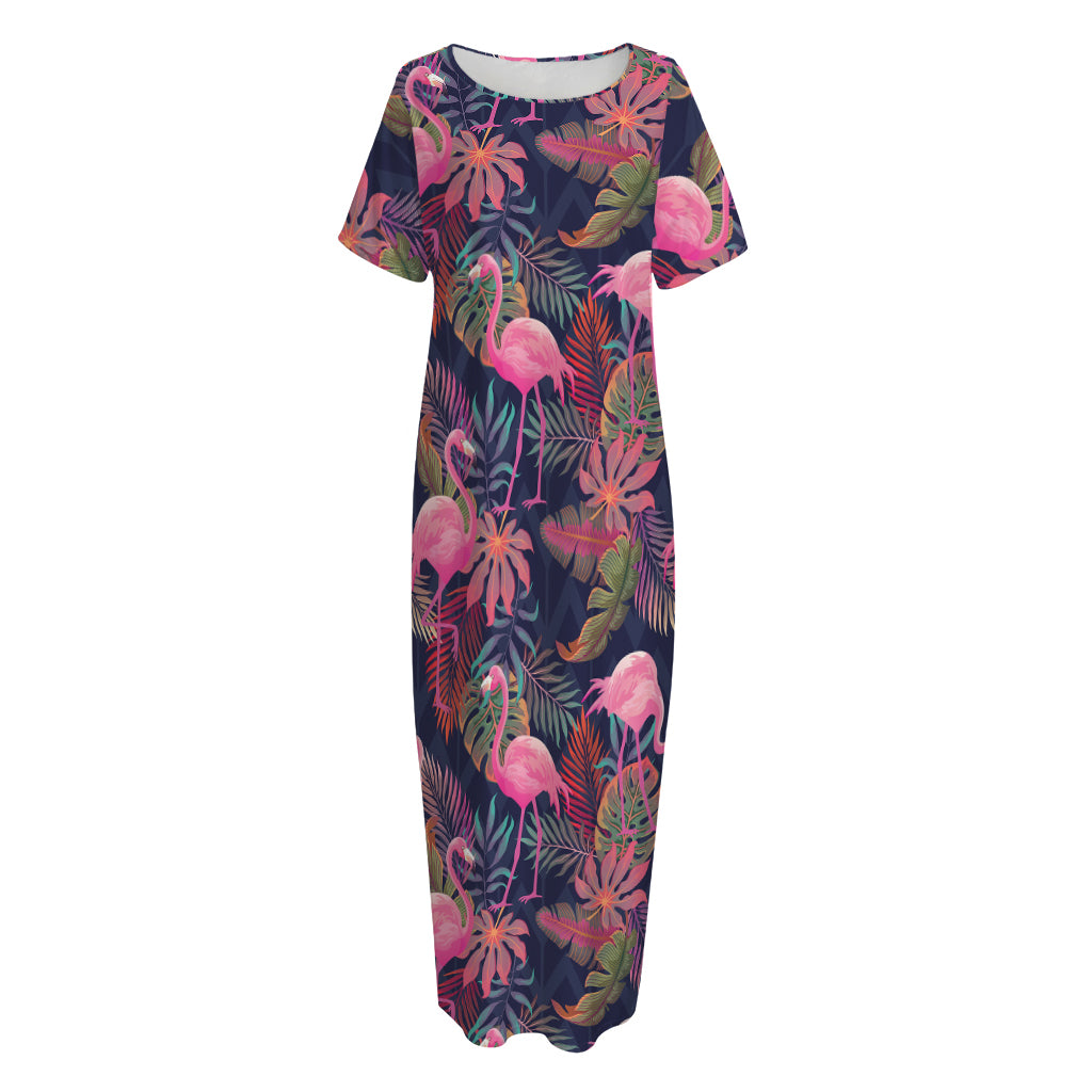 Tropical Flamingo Aloha Pattern Print Short Sleeve Long Nightdress