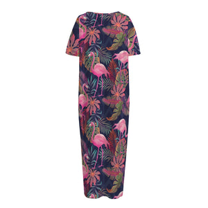 Tropical Flamingo Aloha Pattern Print Short Sleeve Long Nightdress