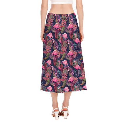Tropical Flamingo Aloha Pattern Print Side Slit Midi Skirt