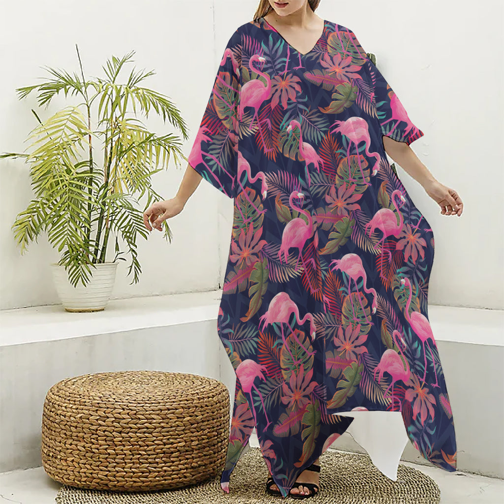 Tropical Flamingo Aloha Pattern Print Silk V-Neck Kaftan Dress