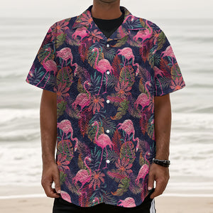 Tropical Flamingo Aloha Pattern Print Textured Short Sleeve Shirt